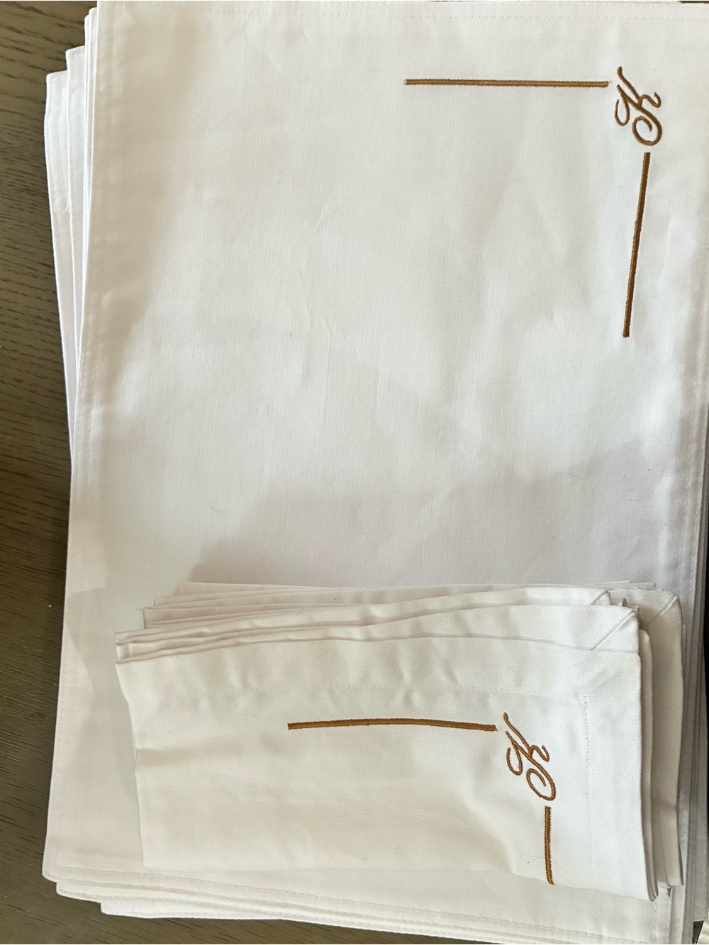 White Linen Dinner placement and Napkins with Gold Corner Embroidery - Set of 6